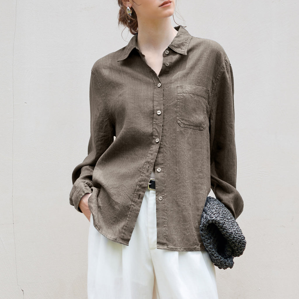 High-end long linen sleeves shirt Women's minimalist relaxed single-breasted Shirt autumn and winter New Tencel linen solid color top
