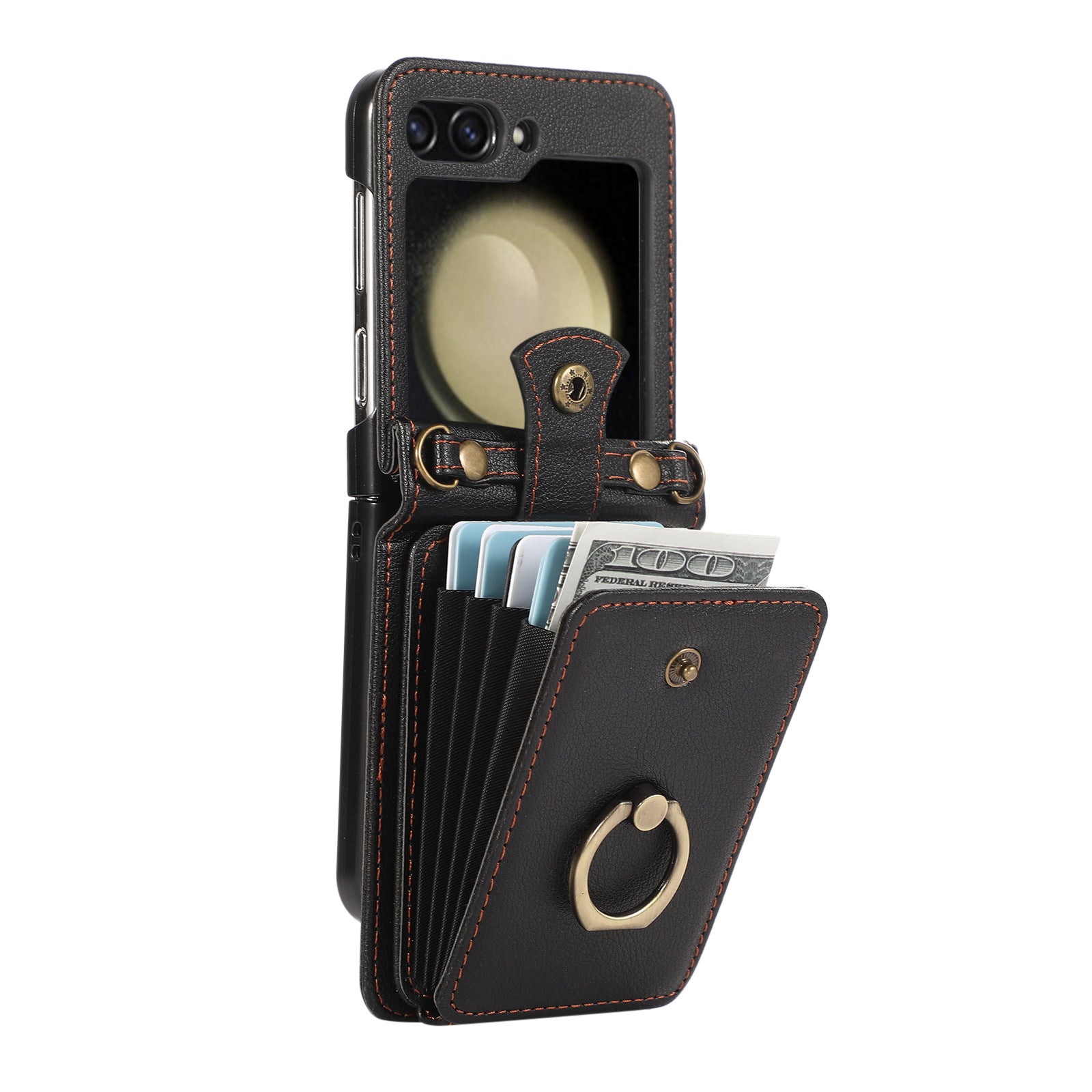 Applicable to Z FLIP5 crossbody expanding card holder foldable screen Z flip6 leather case with fastened ring anti-theft swiping function