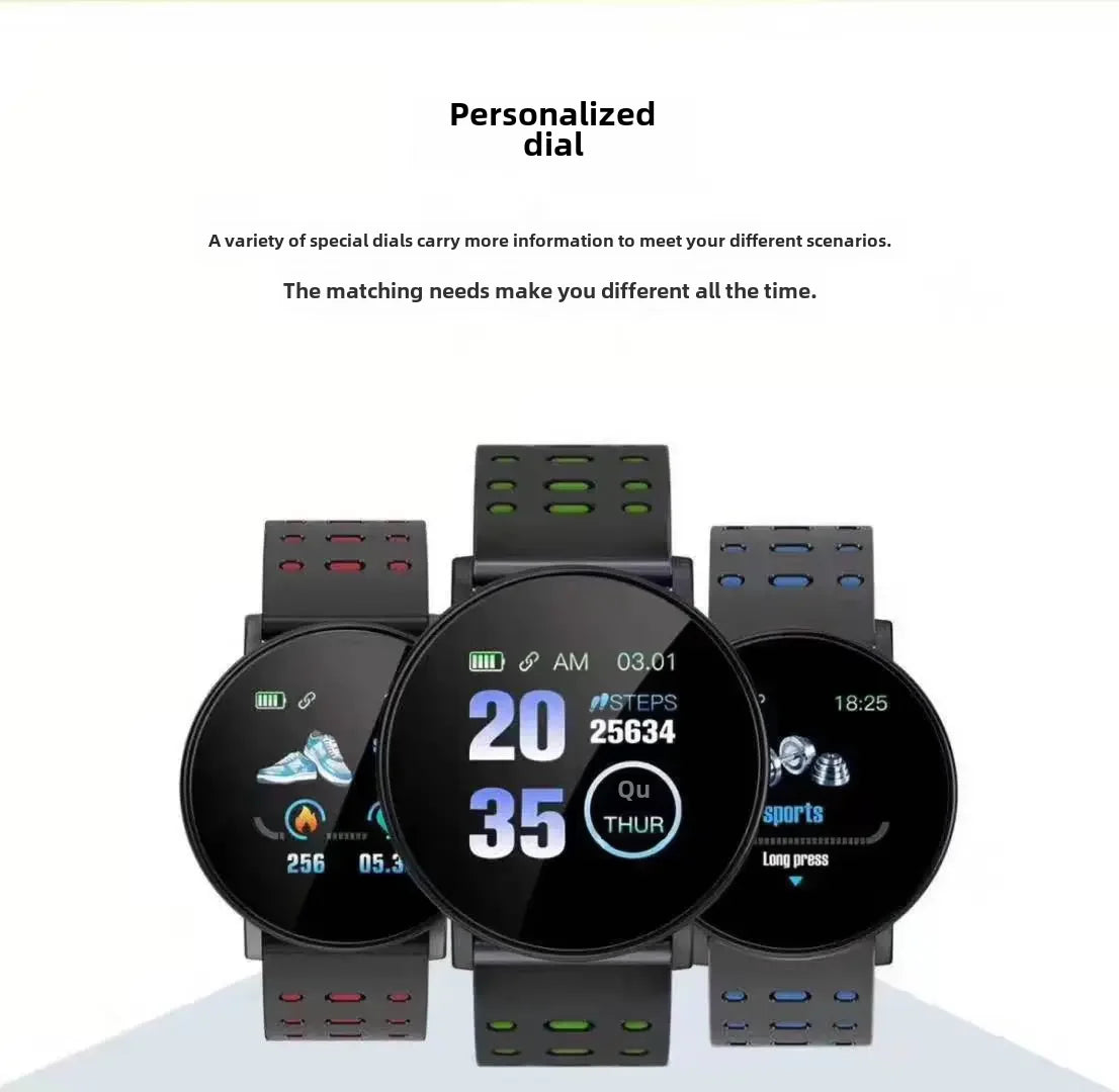 New smart bracelet 119plus heart rate sphygmomanometer step information reminder double color strap factory in stock