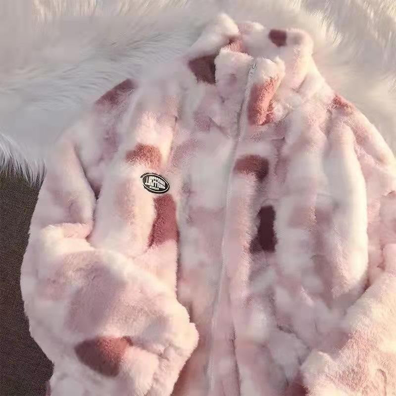 In stock wholesale tie-dyed lamb wool coat women's autumn and winter fleece-lined thickened zipper turtleneck fleece shirt Home Leisure pajamas