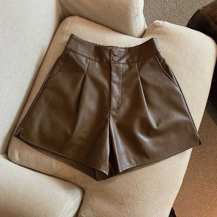PU leather shorts women's 2022 Autumn New elegant hot girl all-match waist slimming and wide leg A- line casual boot pants