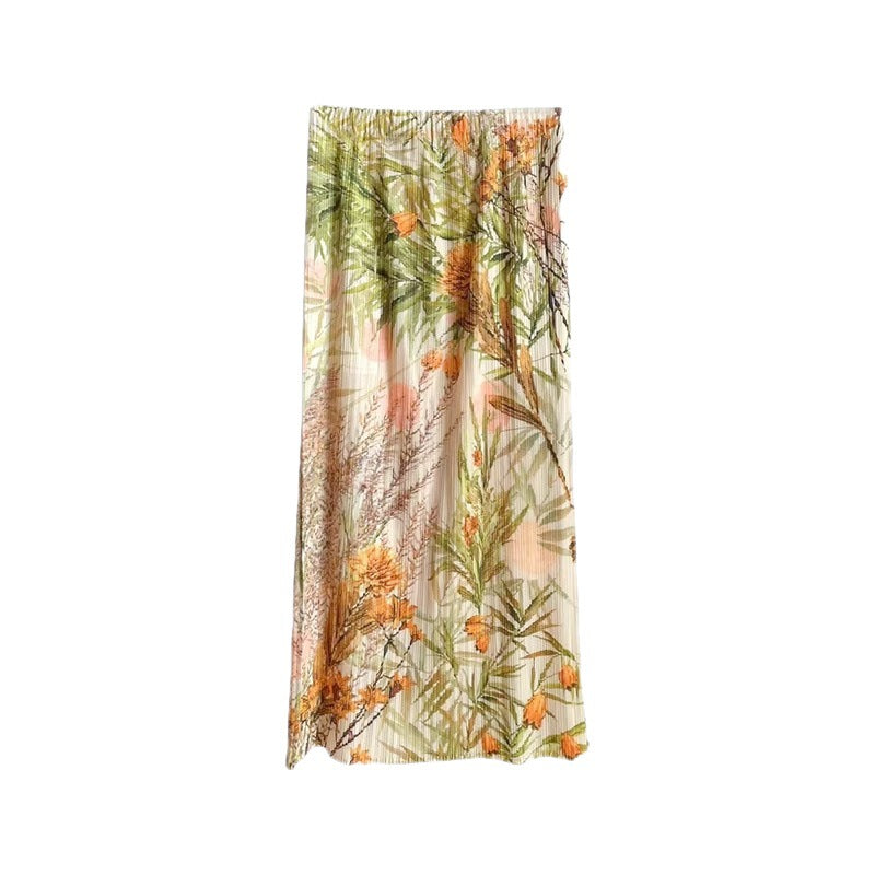 Art three 2024 Summer yellow green wood floral print skirt stretch split pleated skirt