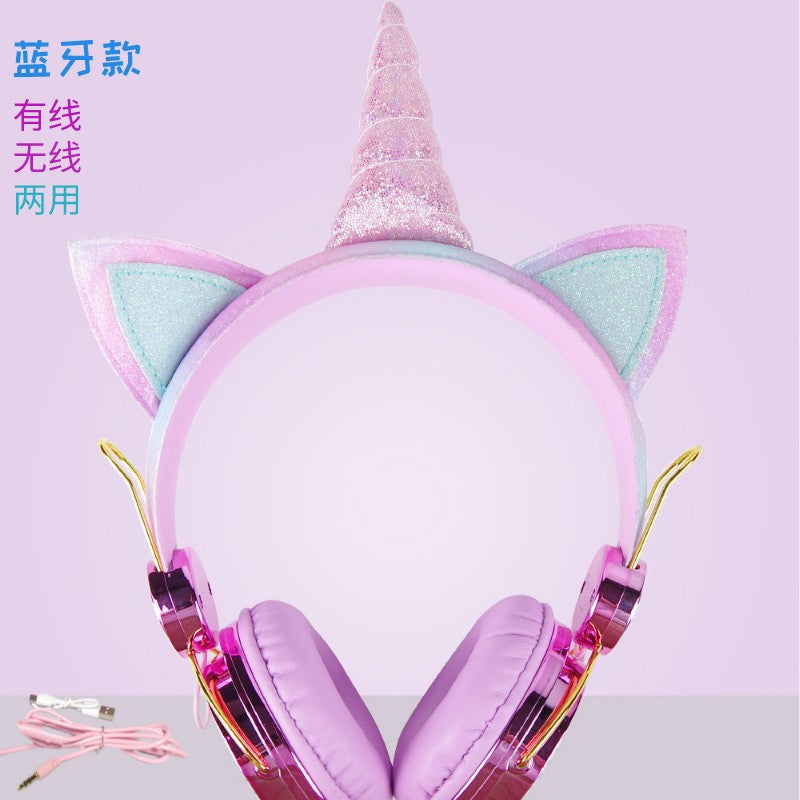 Factory cross-border Bluetooth headset wholesale hot head-mounted computer online class cartoon unicorn smart children's headphones