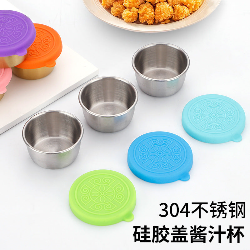 Cross-border 304 stainless steel sauce cup with silicone cover sauce cup outdoor portable tomato salad seasoning saucer dish