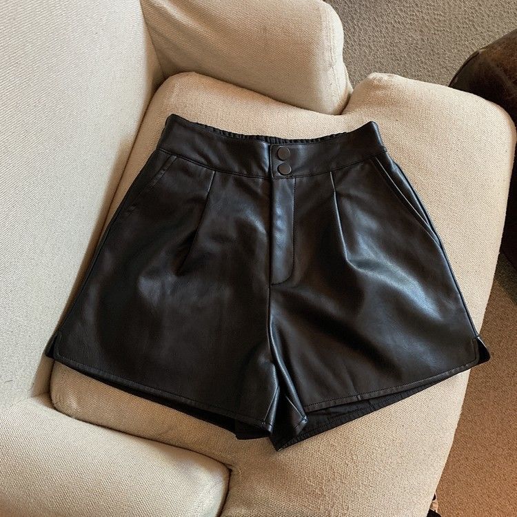 PU leather shorts women's 2022 Autumn New elegant hot girl all-match waist slimming and wide leg A- line casual boot pants