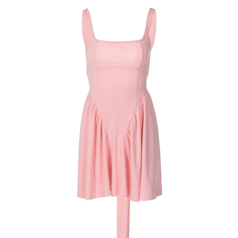 Europe and America cross border spring new solid color sexy backless stitching lace up short girly style ruffled dress women