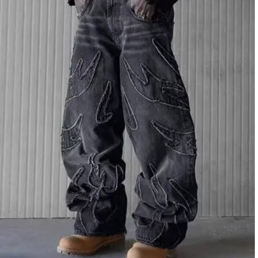 Streetwear jeans men women Harajuku embroidery vintage design loose jeans pants high waist wide leg pants