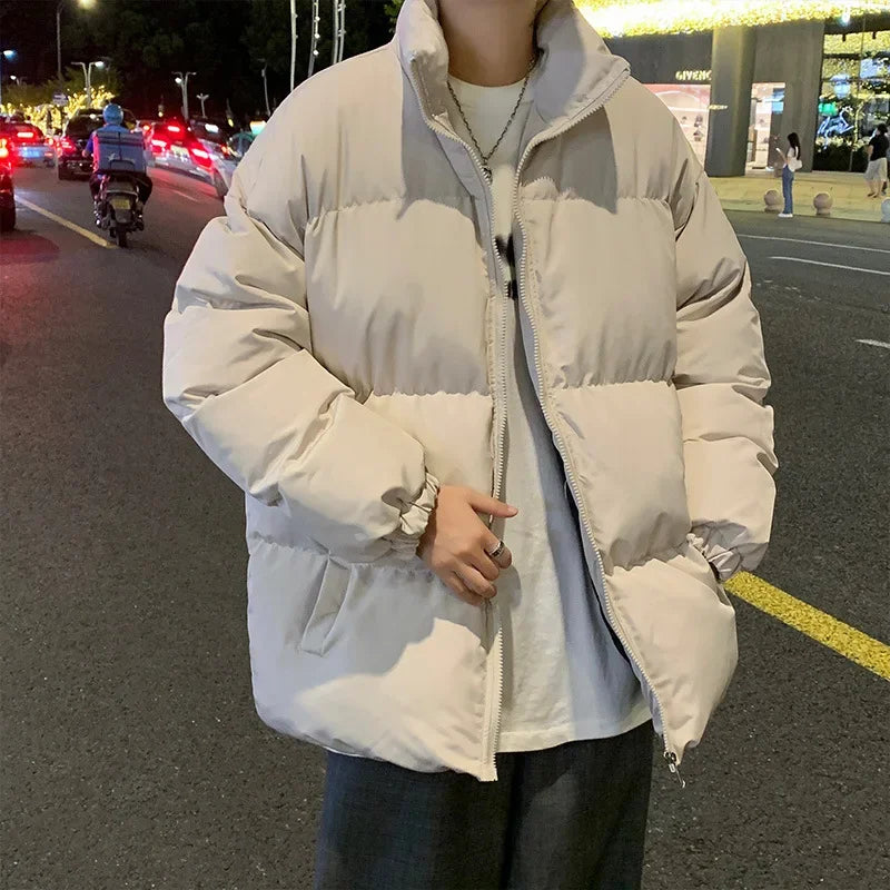 High collar cotton coat with solid color men's winter thickened fashion brand plus size loose overweight man stand-up collar cotton-padded coat bread coat cotton-padded jacket outside