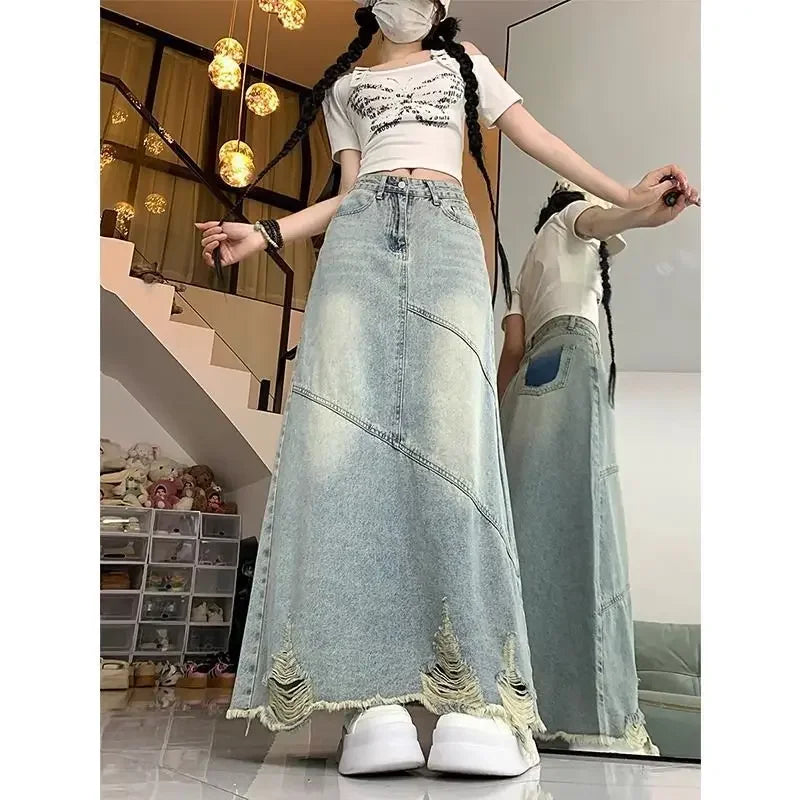 Light color split Denim skirt for women 2024 Summer new high waist raw hem ripped slimming mid-length A- line skirt