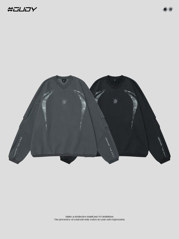 # OVDY 330g combed cotton fleece sweater American simple autumn and winter fleece-lined thickened trendy men's small v-neck sweatshirt