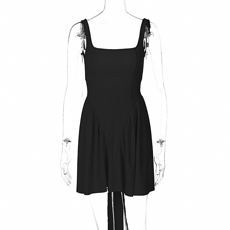 Europe and America cross border spring new solid color sexy backless stitching lace up short girly style ruffled dress women