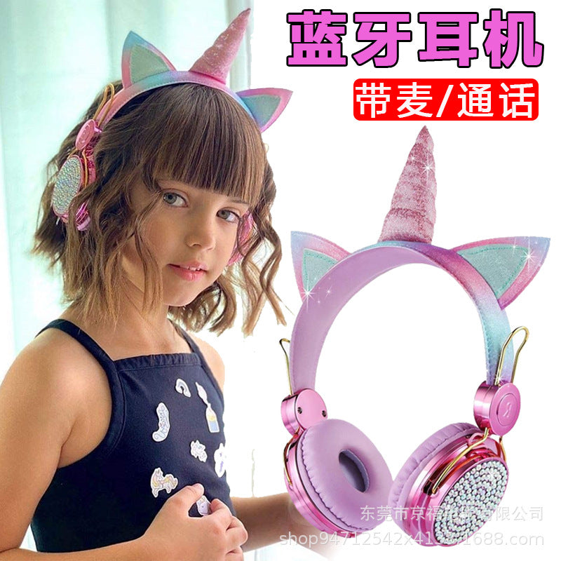 Factory cross-border Bluetooth headset wholesale hot head-mounted computer online class cartoon unicorn smart children's headphones