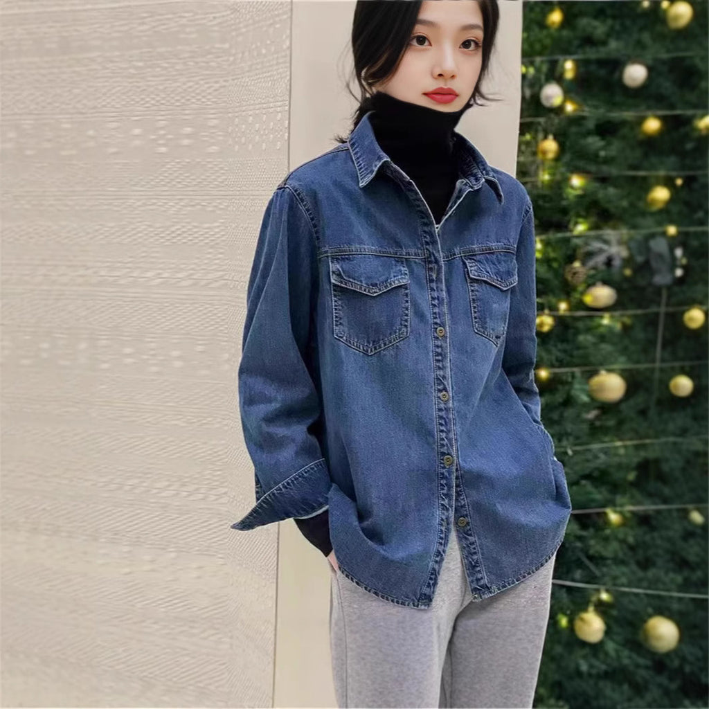 Amazon Autumn New Denim shirt Women's loose bottoming retro long sleeve bandage dress shirt coat European style tops