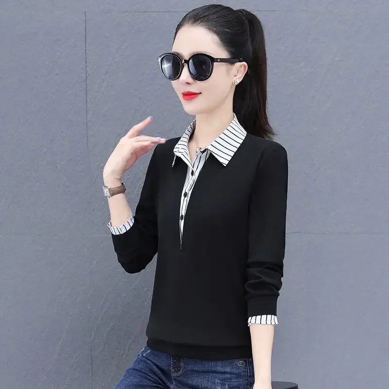 Fake two pieces shirts women's long-sleeved sweater 2024 Spring and Autumn New Korean style fashionable stylish stitching loose top for women
