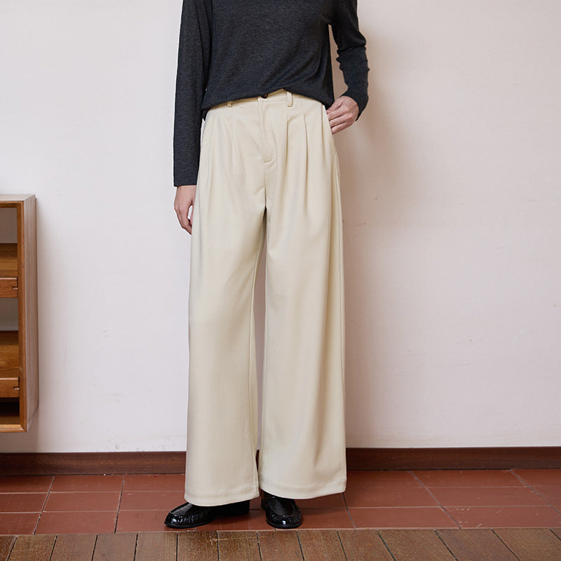 25 autumn and winter New wool straight-leg pants women's high waist pleated crisp pendant wide leg pants all-matching slimming and warm trousers