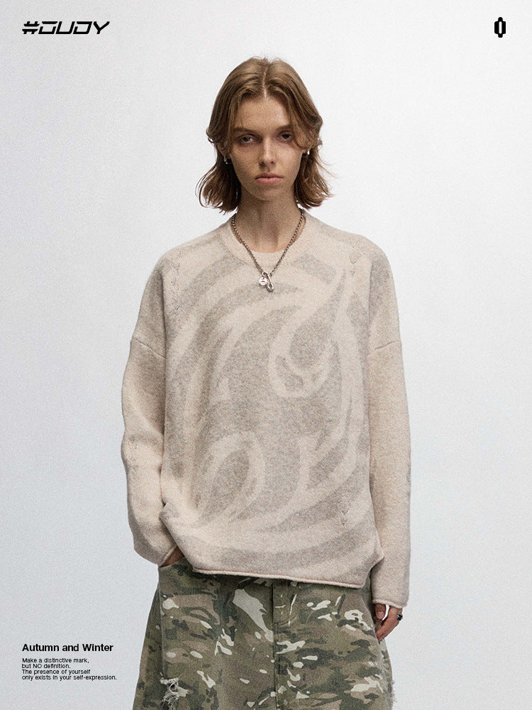 # OVDY autumn and winter American retro fashion brand distressed round neck couple soft glutinous knitted top heavy sweater men and women