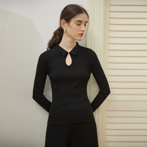 2025 temperament long sleeve knitwear women's autumn elegant design warm and slimming top solid color wool base shirt