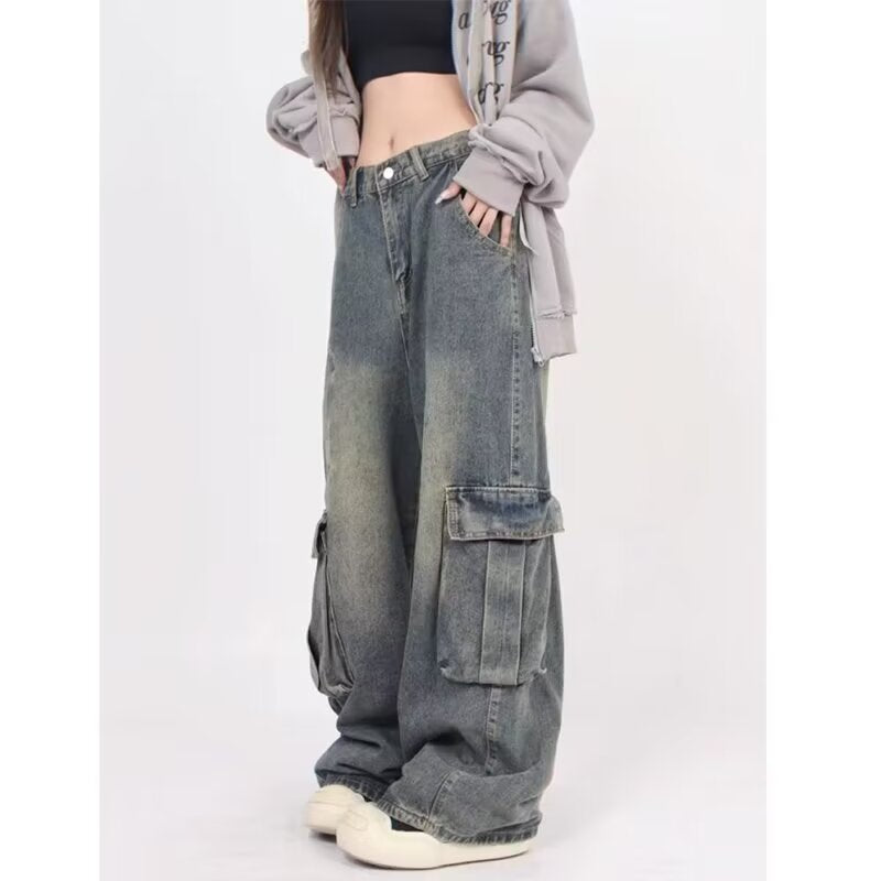 American retro washed jeans spring and autumn distressed men and women lovers wild High Street multi-pocket drape Leisure Cargo