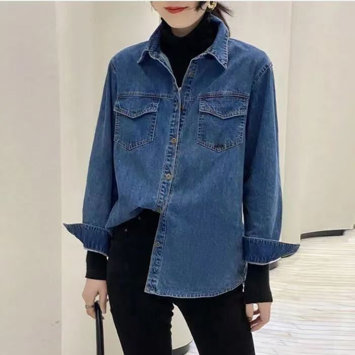 Amazon Autumn New Denim shirt Women's loose bottoming retro long sleeve bandage dress shirt coat European style tops