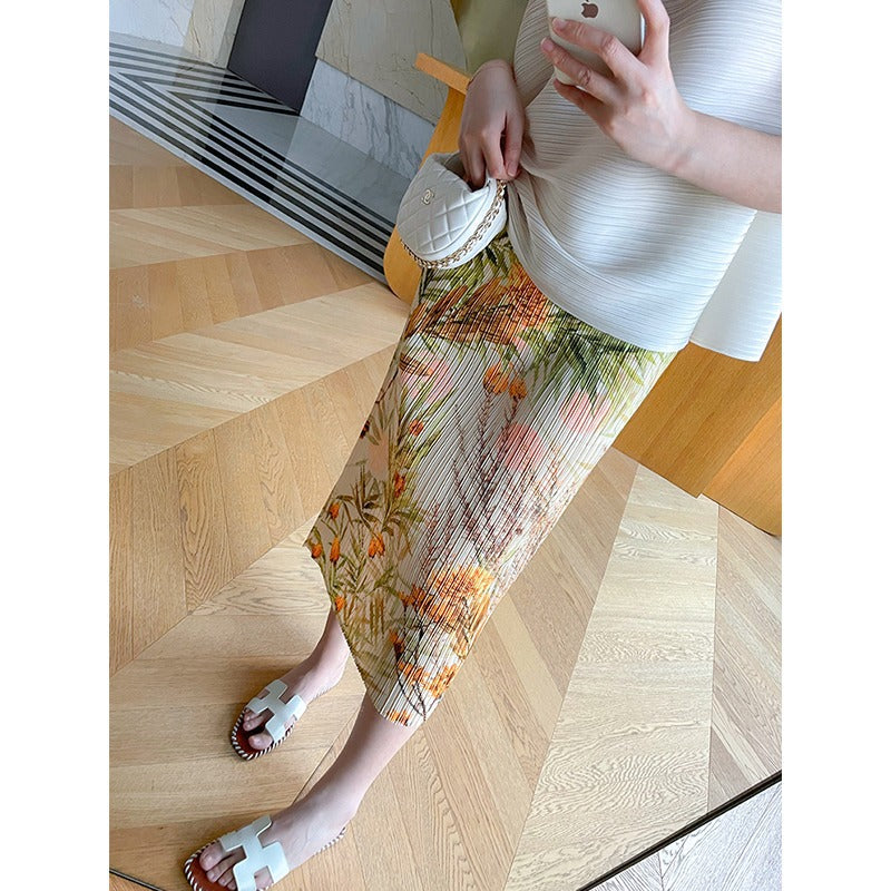 Art three 2024 Summer yellow green wood floral print skirt stretch split pleated skirt