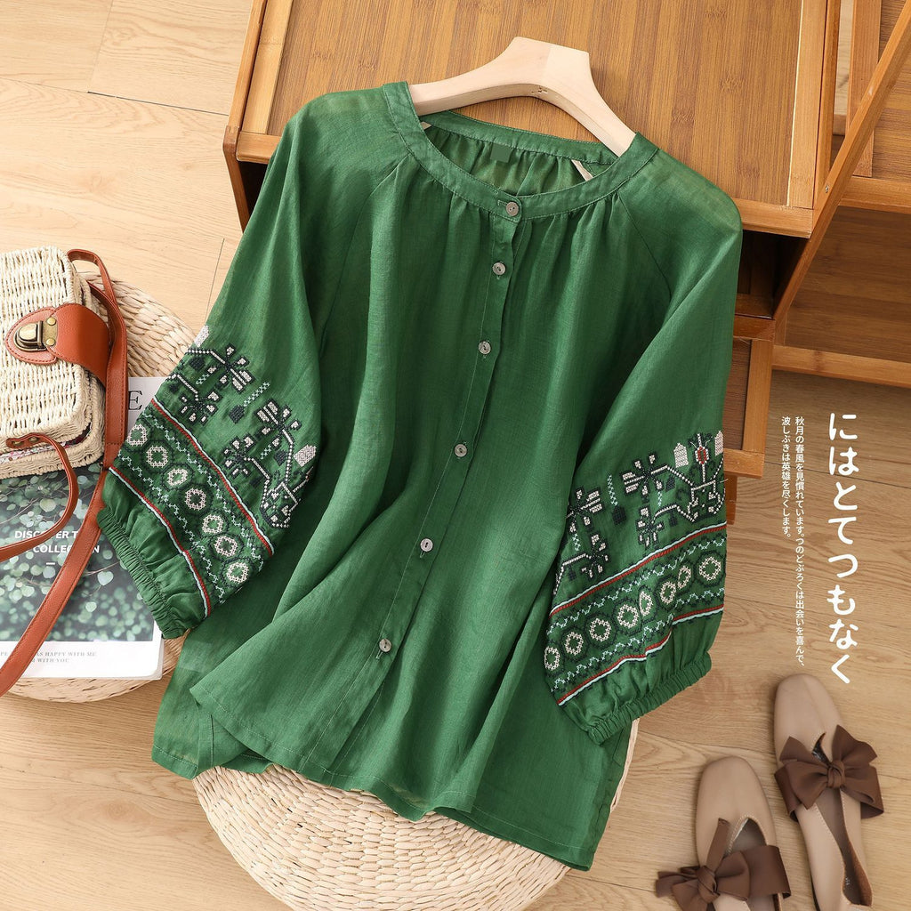 Artistic retro lantern sleeve embroidered cotton and linen shirt women's summer loose plus size temperament slimming linen Western style top