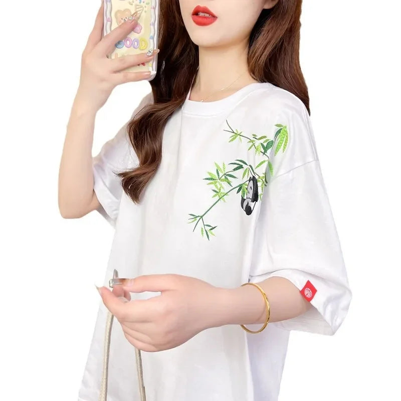 Fashion casual extra large size heavy industry panda bamboo embroidered cotton shoulder half sleeve summer round neck loose national style trendy T-shirt