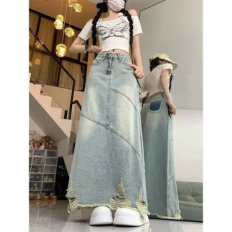 Light color split Denim skirt for women 2024 Summer new high waist raw hem ripped slimming mid-length A- line skirt