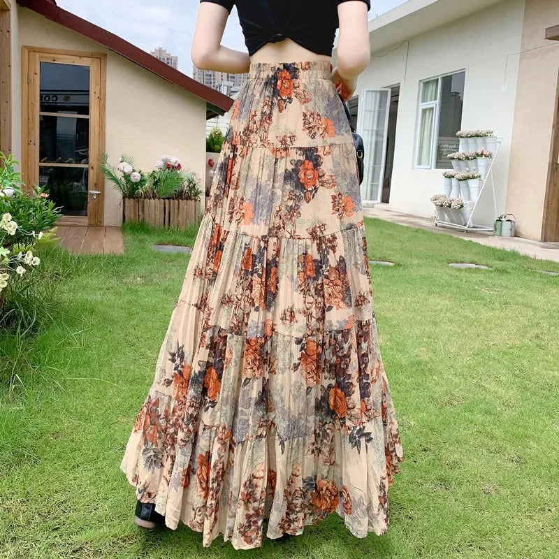 2024 Summer Autumn New Style Korean retro contrast color floral skirt French five-section six-meter pleated all-matching big hem skirt