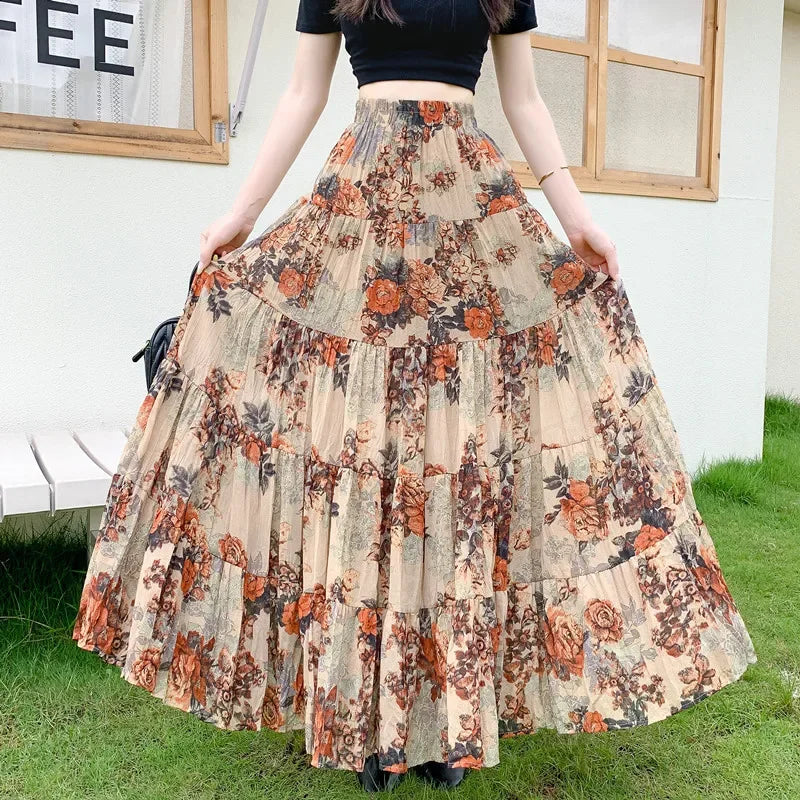 2024 Summer Autumn New Style Korean retro contrast color floral skirt French five-section six-meter pleated all-matching big hem skirt