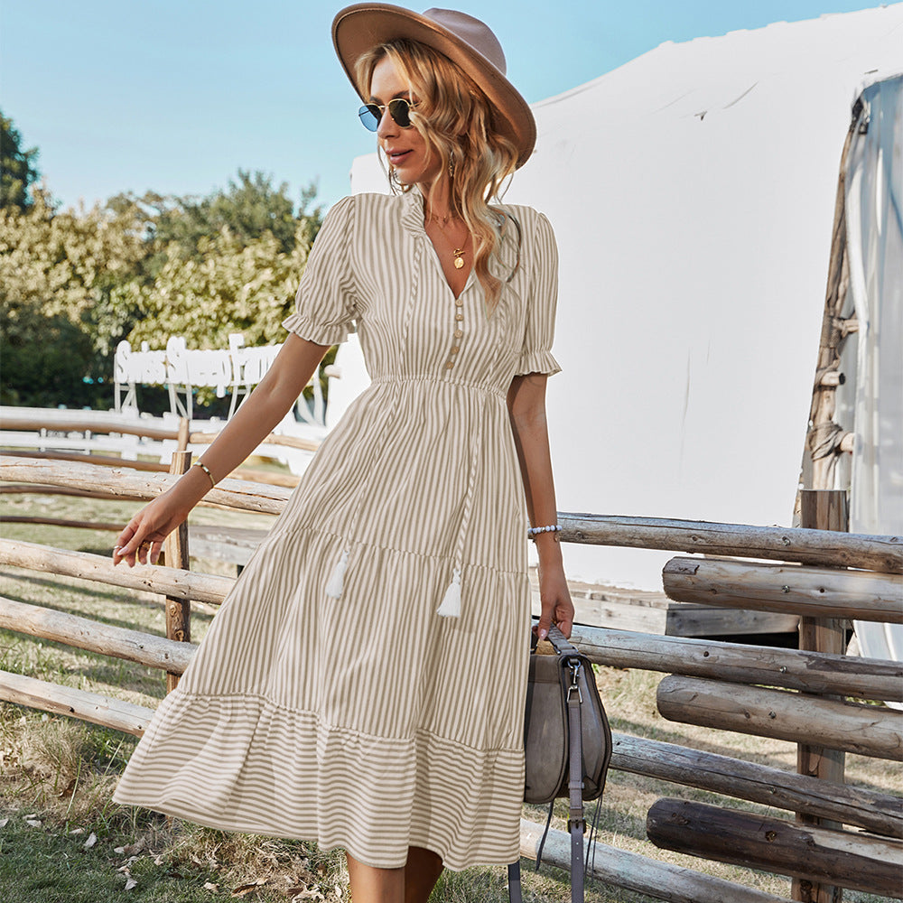Self-developed design European and American fashion women's wear dress 2025 summer Amazon stripes dress temperament