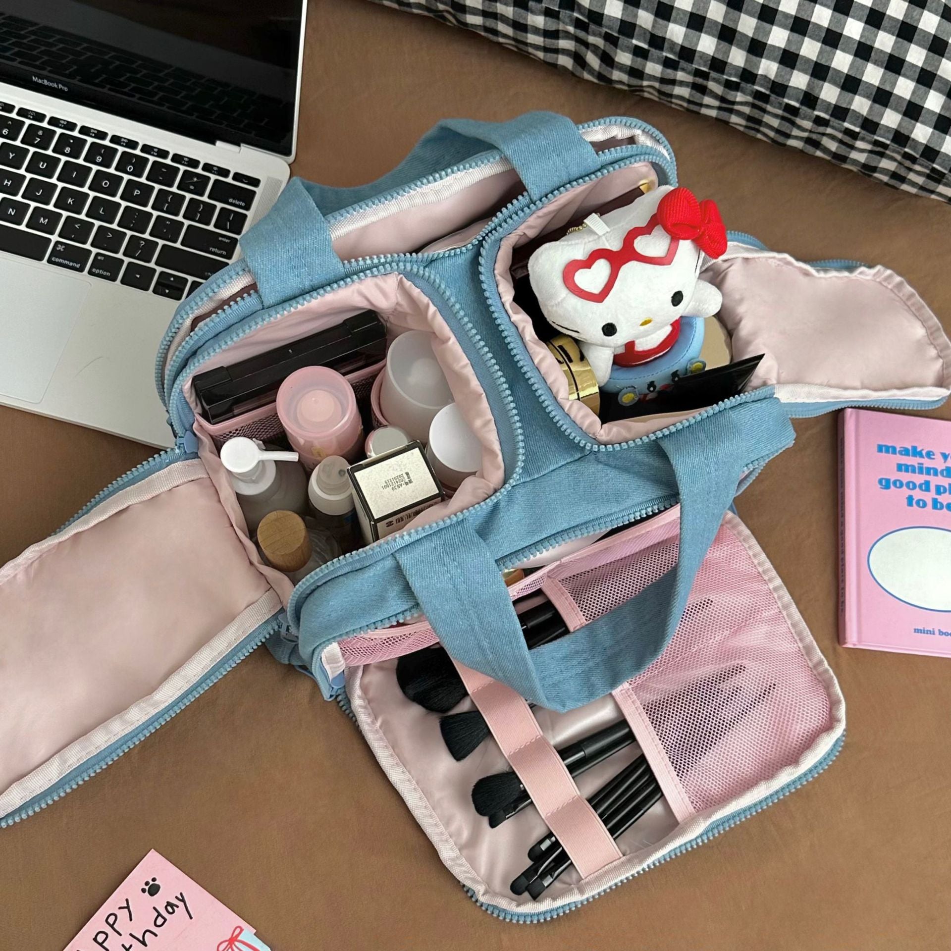 Cross-border wash bag simple lightweight large wide open wash bag fluffy cosmetic bag storage bag travel handbag