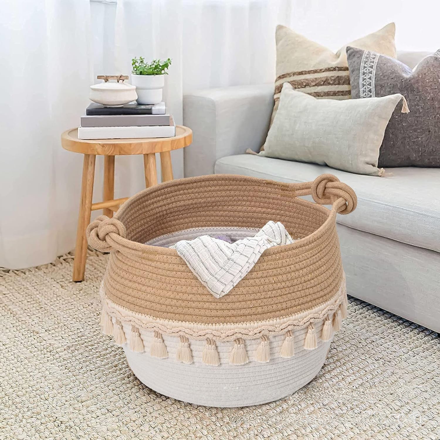 Cross-border supply cotton string woven storage basket foldable clothing storage basket with handle laundry basket basket decorative flower basket