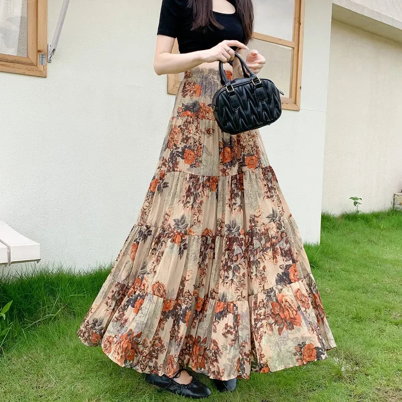 2024 Summer Autumn New Style Korean retro contrast color floral skirt French five-section six-meter pleated all-matching big hem skirt