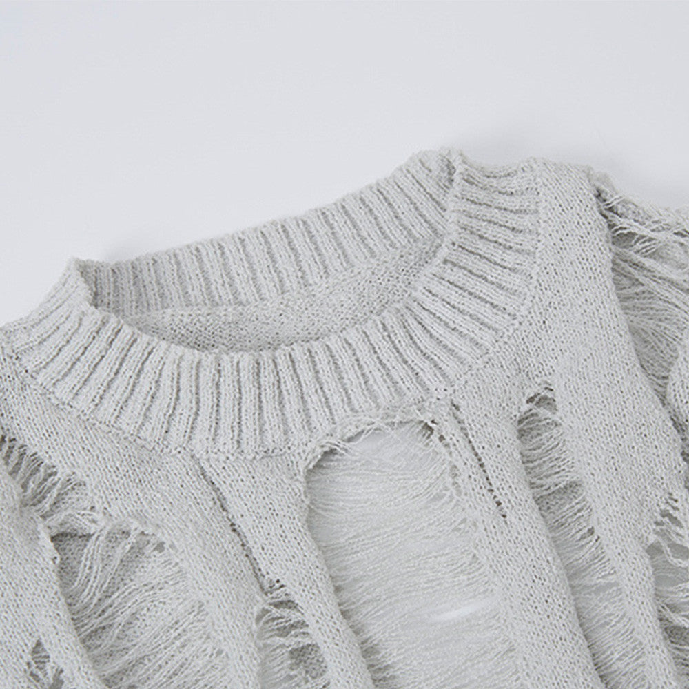 Heavy industry ripped crocheted round neck sweater men's spring and autumn fashion brand solid color loose and lazy style Micro transparent long sleeve sweater