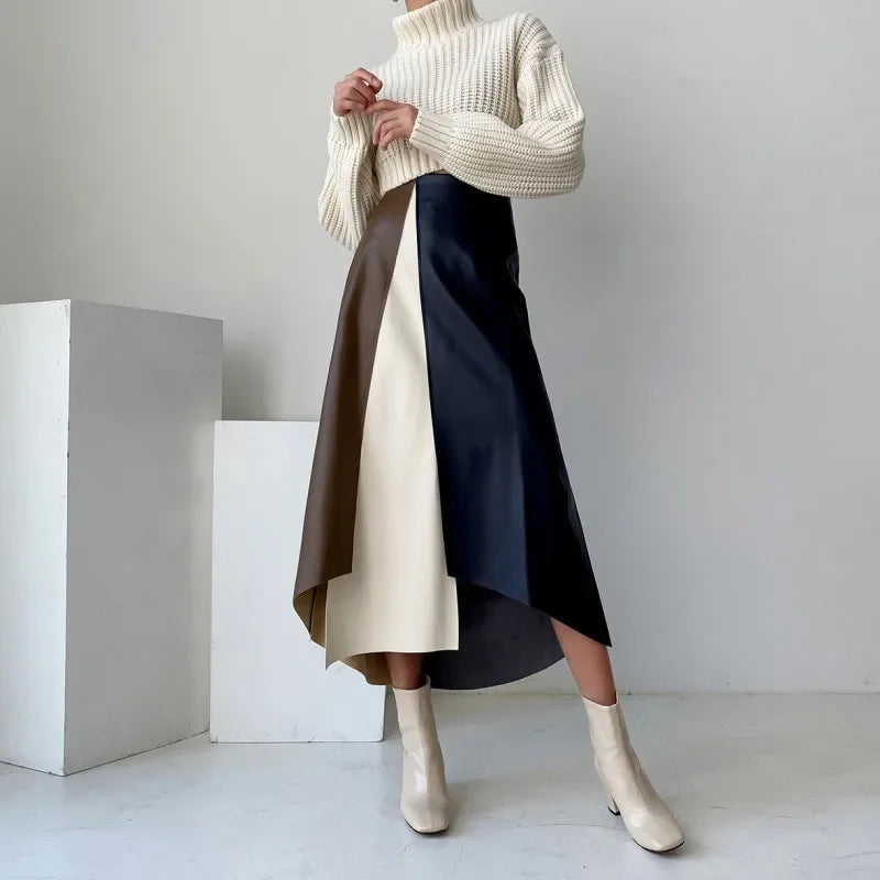French chic retro temperament multi-color mosaic leather skirt spring and autumn women's clothing A- line skirt high-end mid-length dress
