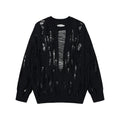 Heavy industry ripped crocheted round neck sweater men's spring and autumn fashion brand solid color loose and lazy style Micro transparent long sleeve sweater