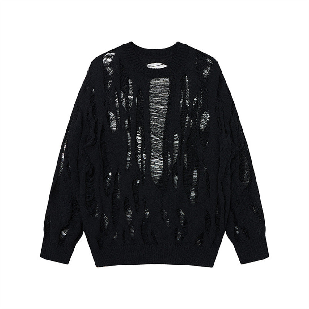 Heavy industry ripped crocheted round neck sweater men's spring and autumn fashion brand solid color loose and lazy style Micro transparent long sleeve sweater