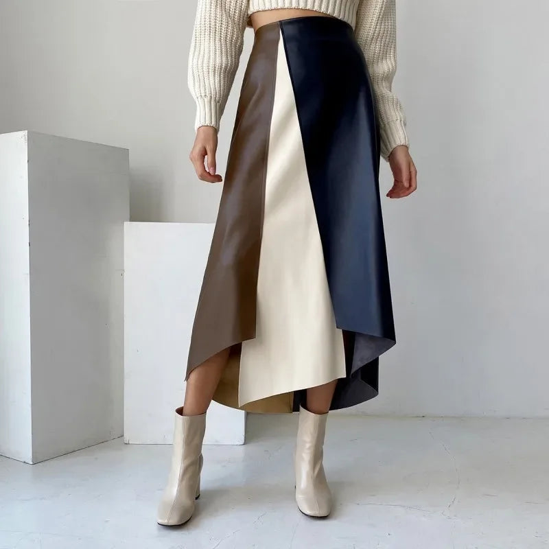 French chic retro temperament multi-color mosaic leather skirt spring and autumn women's clothing A- line skirt high-end mid-length dress