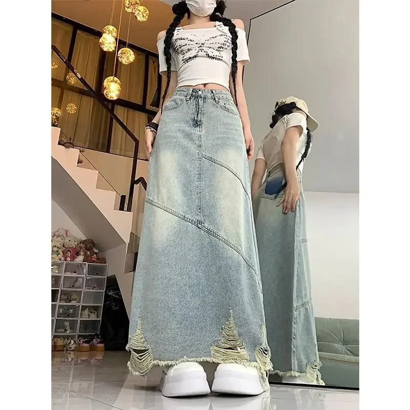 Light color split Denim skirt for women 2024 Summer new high waist raw hem ripped slimming mid-length A- line skirt