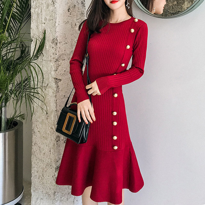 Elegant fishtail knitted dress waist slimming women 2024 new spring and autumn new skirt solid color ladies' dress