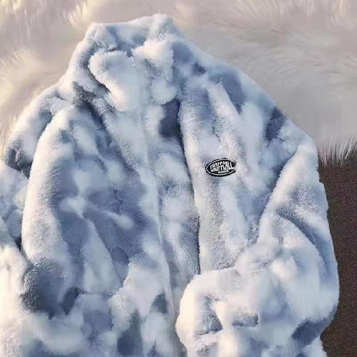 In stock wholesale tie-dyed lamb wool coat women's autumn and winter fleece-lined thickened zipper turtleneck fleece shirt Home Leisure pajamas