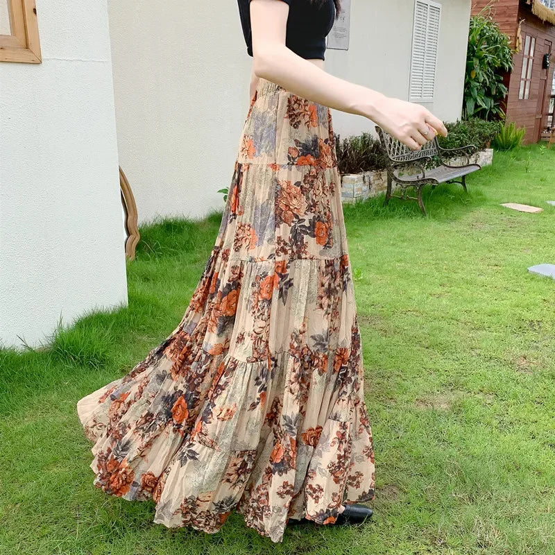 2024 Summer Autumn New Style Korean retro contrast color floral skirt French five-section six-meter pleated all-matching big hem skirt