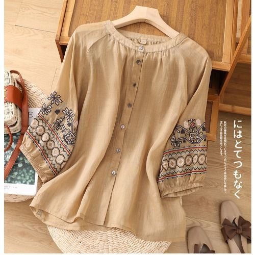 Artistic retro lantern sleeve embroidered cotton and linen shirt women's summer loose plus size temperament slimming linen Western style top