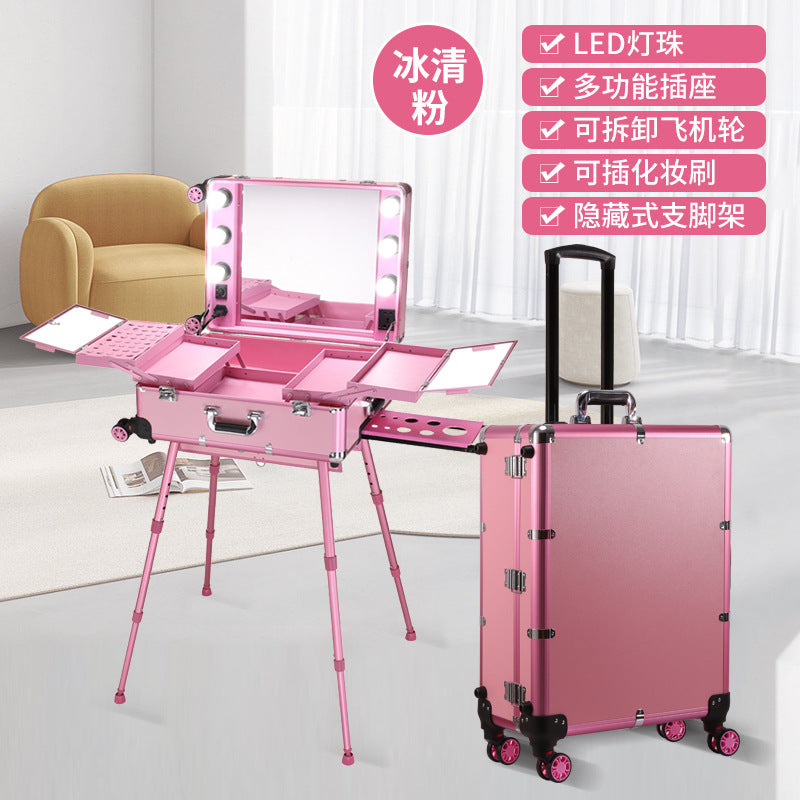 Aluminum Alloy trolley cosmetic case with lamp multi-functional tattoo beauty Bluetooth trolley case makeup artist toolbox
