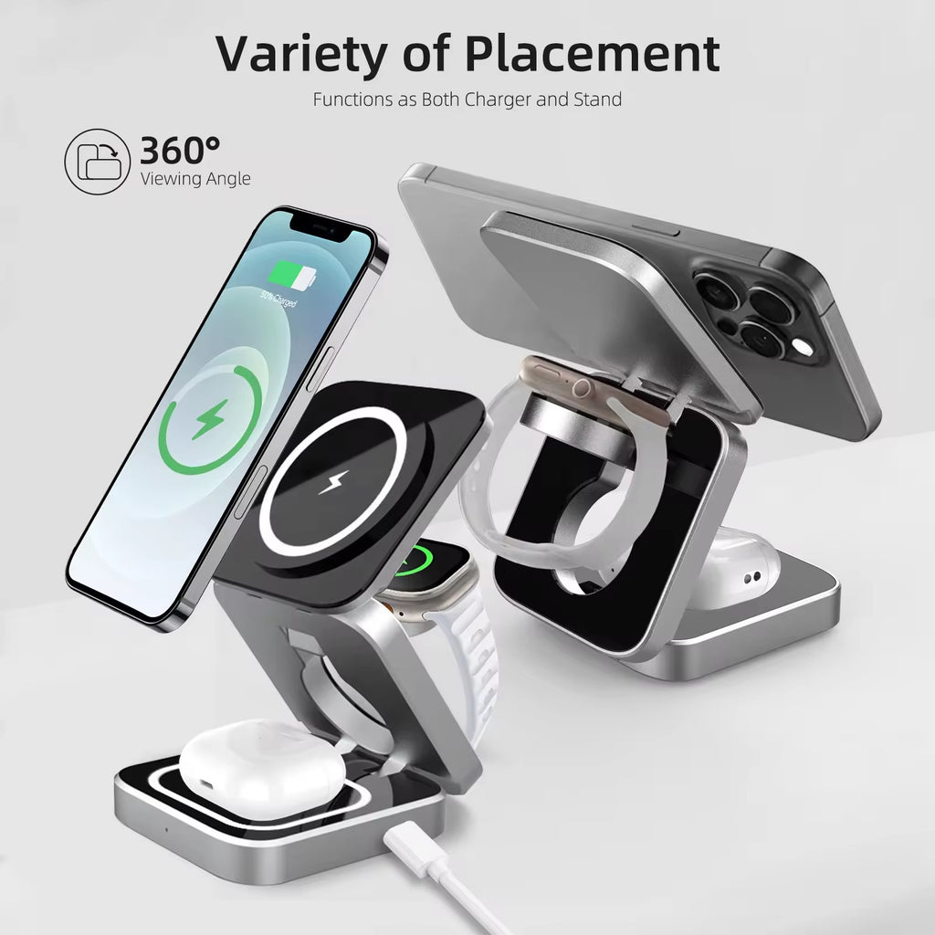New arrival three-in-one magnetic wireless charger phone fast charge folding bracket earphone watch wireless charging