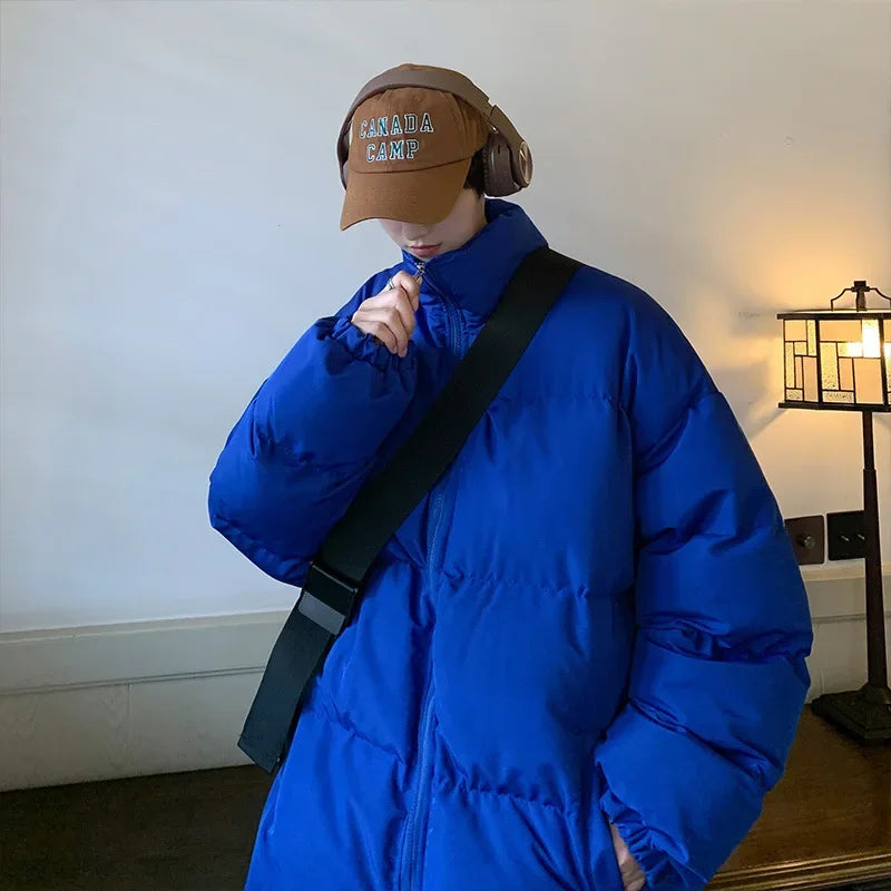 High collar cotton coat with solid color men's winter thickened fashion brand plus size loose overweight man stand-up collar cotton-padded coat bread coat cotton-padded jacket outside