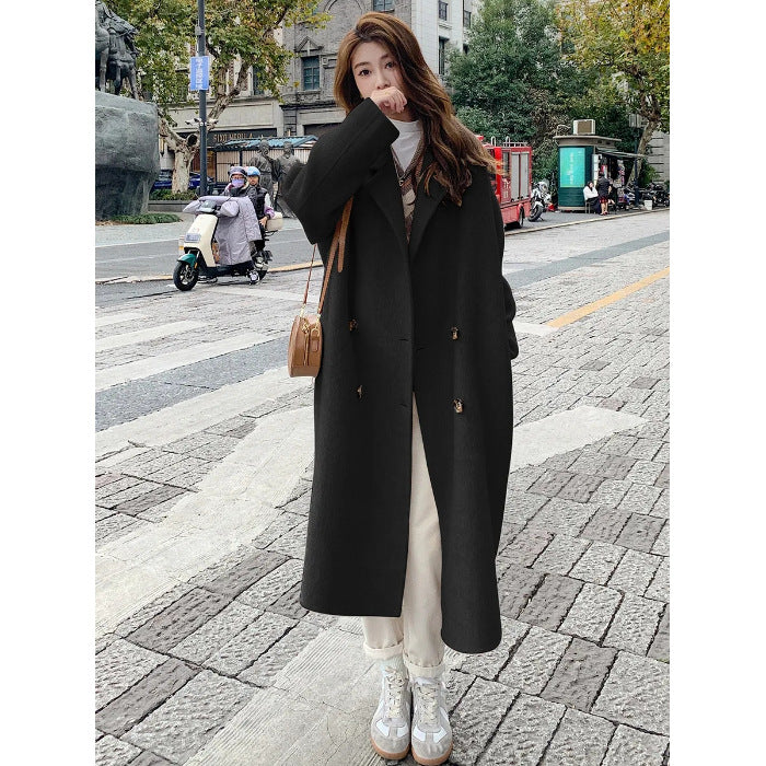 Pink reversible cashmere coat women 2023 autumn and winter New Korean style loose mid-length Hepburn style woolen coat