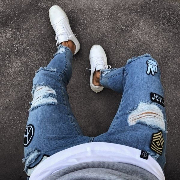 Men's jeans wisheBay feet hot sale jeans men's jeans ripped 4X badge cross-border LS