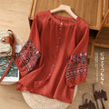 Artistic retro lantern sleeve embroidered cotton and linen shirt women's summer loose plus size temperament slimming linen Western style top
