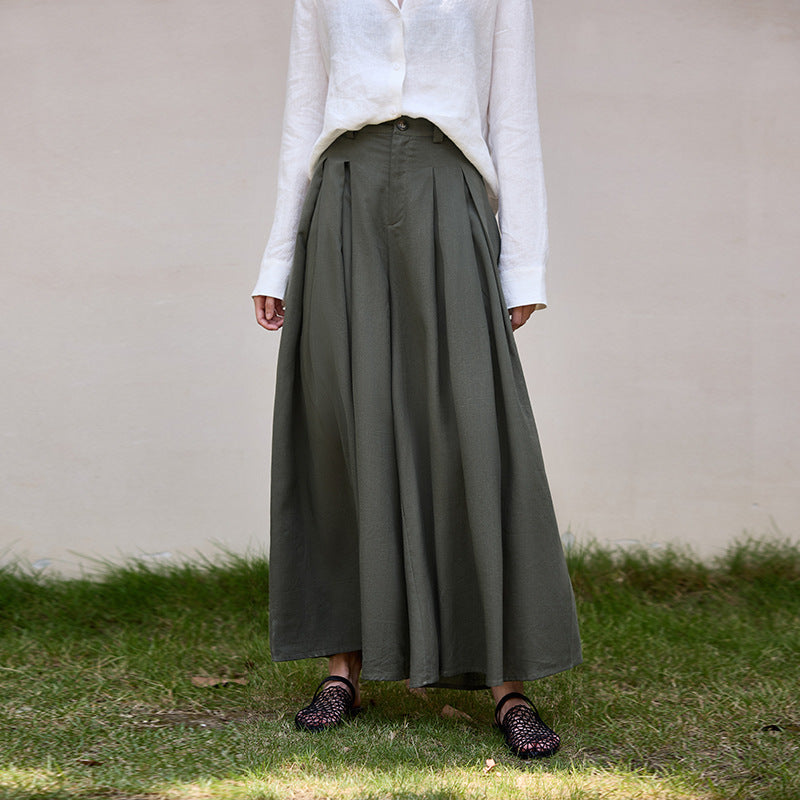 Ramie high waist pantskirt 25 autumn and winter New Tencel linen pleated big hem A- line skirt pants crisp elegant women's skirt
